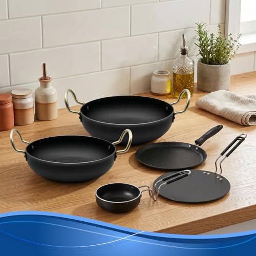 Image of DOZY Non-Stick Cookware Set of 5 | Kadai, Tawa, Frying Pan, Tadka Pan | Grey & Black | Marble Finish | Bakelite Handle | Gas and Induction Cookware Set