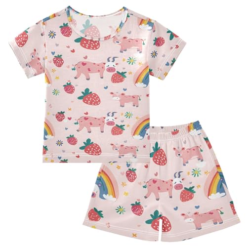 ALAZA Strawberry Rainbow Cow Floral Pajamas Short Sleeve 2 Piece Sleepwear Top and Bottom Pajama Set Unisex
