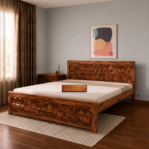 WOODEN GALAXY LIFE WITH FURNITURES Solid Sheesham Wood Bed Queen Size Without Storage (78x60) | Wooden Double Bed Queen Size Cot Bed for Bedroom Home Hotel, Geometric Pattern Headboard (Honey Finish)