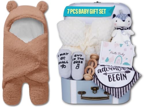 Image of Set Bundle | Cute with Swaddle Blanket, Newborn Blanket, Security Blanket, Wooden Rattle Toy, Baby Bib and Socks, Greeting Card | Ideal for Infants 0-12 Months