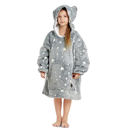 THREE POODLE Wearable Blanket Hoodie for Kids, Oversized Sherpa Sweatshirt Blanket with Giant Hood, Warm Cozy Hooded Blanket, Cute Gifts for Kids Girls Boys