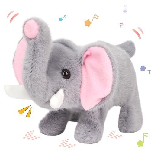 Hopearl Walking Elephant Interactive Crawling Elephish Electronic Plush Toy Animated Gifts for Toddlers Birthday, Gray, 9''