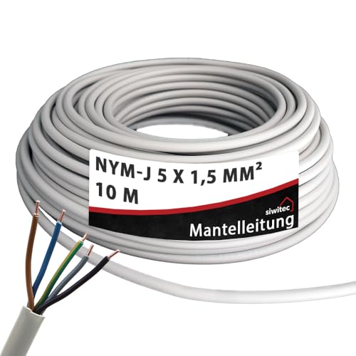 siwitec NYM-Kabel, NYM-J 5x1,5 mm², 10 m, Stromkabel, Mantelleitung, Installationskabel, Kabelring