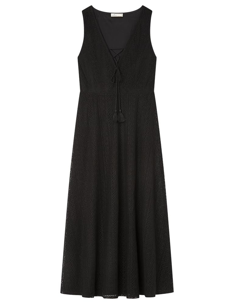 Springfield Midi Crochet Sleeve Less Black Dress with V Neck Abito con Scollo A V Donna