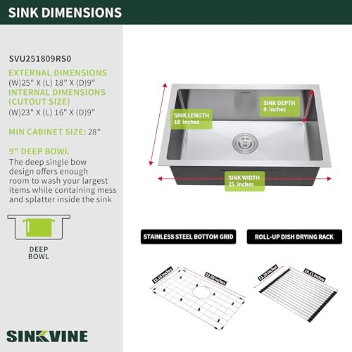 Image of 25-inch Undermount Kitchen Sink, SINKVINE Stainless Steel Single Bowl