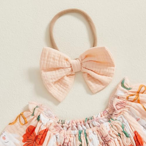 Infant Baby Girl Bunny Carrot Print Easter Romper Dress Short Puff Sleeve Bowknot Romper with Headband4