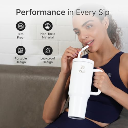 Image of Cult 1200ml Stainless Steel Insulated Tumbler with Handle, Straw & Cleaner Double Wall Vacuum Bottle for Hot & Cold Drinks Leakproof Travel Mug Reusable for Gym, Office & Travel