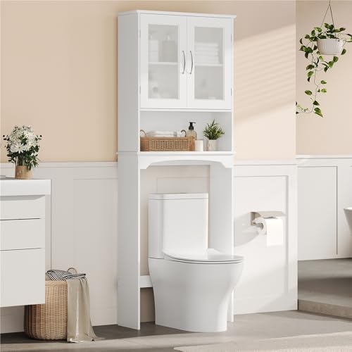 Yaheetech Over The Toilet Storage Cabinet with Double Tempered Glass Doors and Adjustable Shelf,...