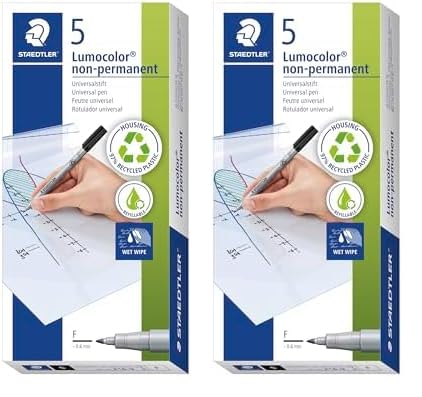 Staedtler Folienstift Lumocolor non-permanent, wasserlösliche Tinte, für fast alle Oberflächen geeignet, Linienbreite F 0,6 mm, nachfüllbar, lange Lebensdauer, 5 schwarze Stifte, 316-9X