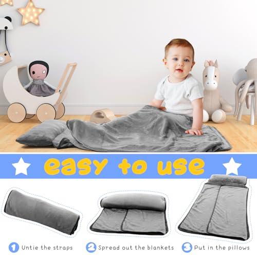 HunnmingRe 2 Pcs Toddler Nap Mat with Pillow and Fleece Blanket Toddler Sleeping Bag Gray Stars Toddler Sleeping Mat for Daycare Preschool Travel Camping, 41\" x 33\"