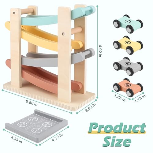 Vanplay Car Ramp Toys for One Year Old Boy Birthday Gifts, Wooden Montessori Toys for 1 2 Year Old, Race Track Truck Toy with 4 Mini Cars, First Christmas Birthday Gifts for Toddlers 1-3-2-4 by Vanplay - Image 5