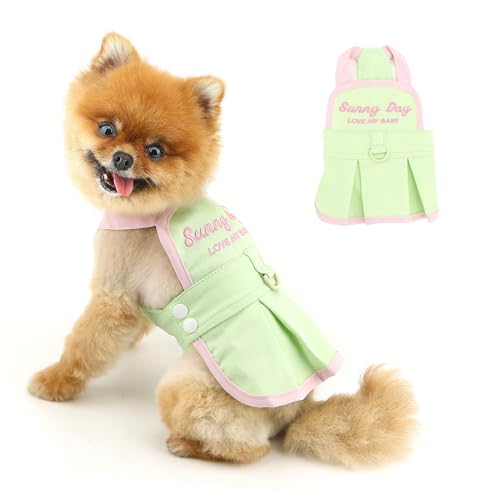 PAIDEFUL Denim Dog Dress for Small Dogs Cute Pet Princess Skirt Summer Sweet Puppy Jean Sundress with Embroidery Soft Lightweight Doggie Strap Clothes Fashion Cat Chihuahua Apparel D-Ring,Green,M