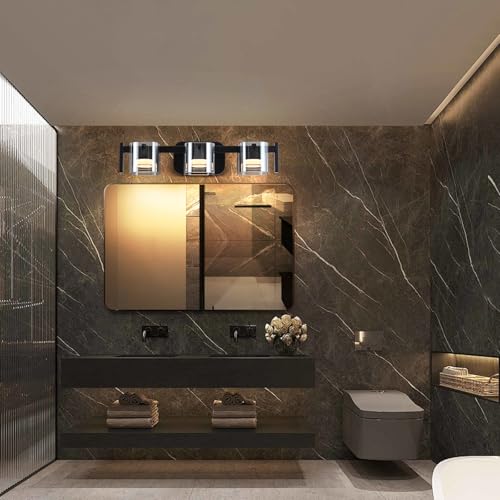 Image of MantoLite 3-Light Black LED Bathroom Vanity Light with Glass Shades | 3 Color Temperatures LED Bathroom Lighting Fixture Over Mirror, 15W 900 Lumen 30 Adjustable Matte Black Frame