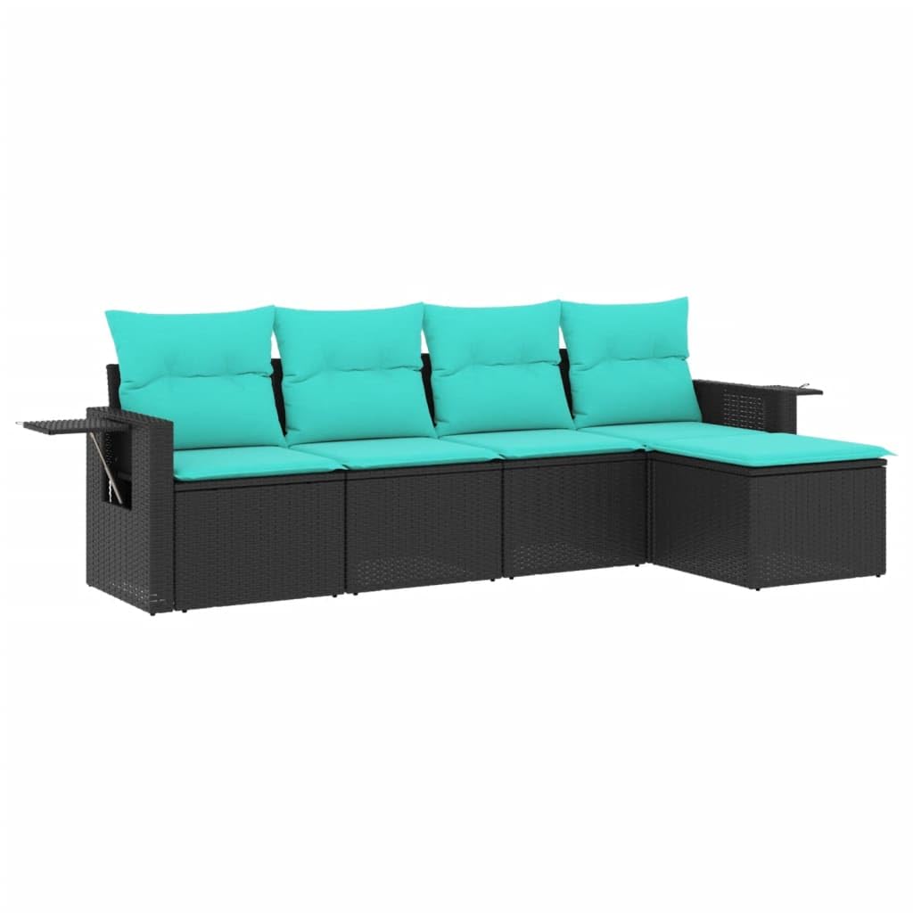 Set Divani da Giardino 5 pz in Rattan PE con Cuscini Blu, Nero | Salotto da esterno modulare con tavolini pieghevoli bracciolo, ideale per momenti di relax in terrazzo o giardino.