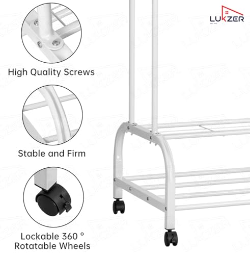 Image of Lukzer Metal Garment Stand with 6 Shelves & Double Rods, Heavy-Duty Clothing Rack with Side Hooks & Wheels, Multi-Functional Storage Organizer for Bedroom, Laundry & Entryway - (MGS-008 /White)