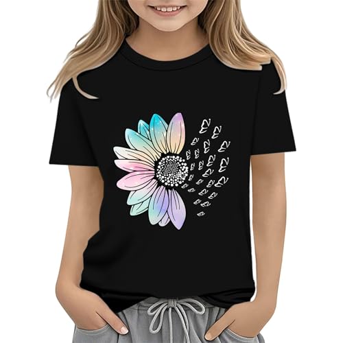 Girls Loose Fit Sunflower Graphic T Shirts Short Sleeve Crewneck Cute Pattern Printed Tops Kids (A-Black, 6-7 Years)
