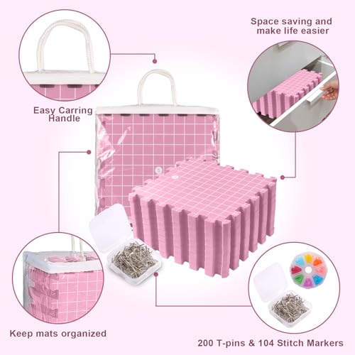 ISWAWO Spannmatten Set, 9 Stück Extra Dick, 30cm, mit 200 T-Nadeln und 100 Maschenmarkierern, Blocking Matte mit Raster für Stricken und Häkeln (Rosa) – Bild 4