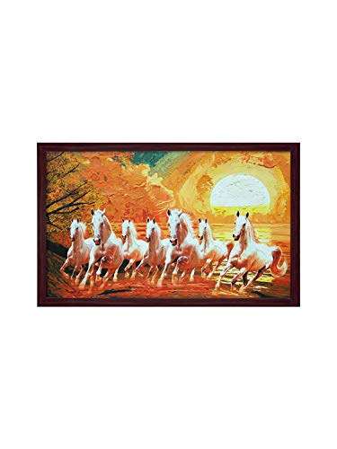 Image of 999STORE Printed Seven White Running Horses Painting Wall Art with Brown Frame (Canvas 18X30 Inches Multi) BRFLP18300071