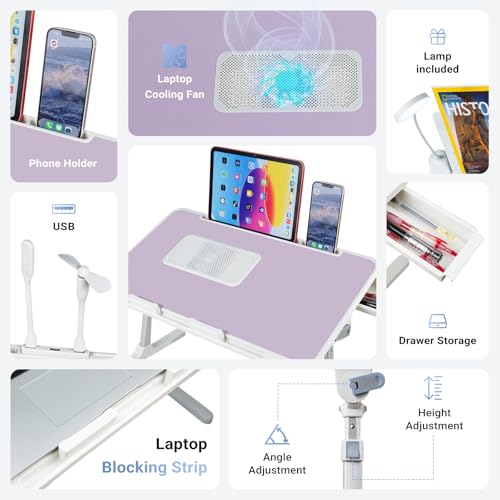Image of iXTRA Adjustable Laptop Lap Desk with Cooling Fan USB Light for Adults 56x32cm,Purple