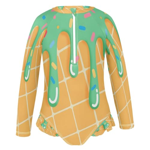 ALAZA Ice Cream Green Girls One Piece Swimsuit Long Sleeve Rashguard Swimsuit UV 50+ Swimwear Zip2