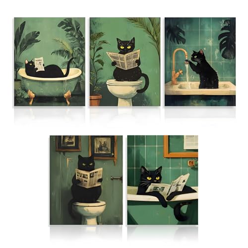 TNSLAND 5pcs Gatto Nero Stampa su Tela Umore Quadro su Tela 25 * 20cm Quadri Bagno Impermeabile Quadri per Bagno Bene Poster Vintage Toilette Bathroom Painting Senza Cornice