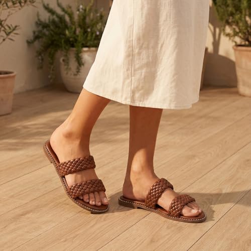 Image of Tilocow Women's Flat Sandals Two Strap Summer Dressy Studded Slide Sandals Open Toe Cute Casual Slip on Comfort Shoes for Beach Travel Daily Wear