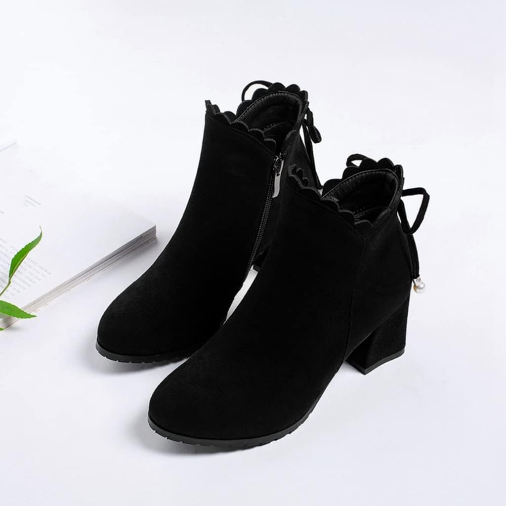 Women's Round Toe Bow Dressy Ankle Boots Suede Side Zipper Chunky Block High Heel Dress Short Booties