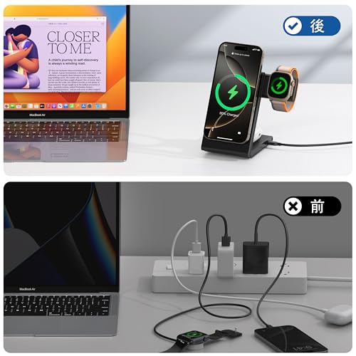 3in1 Magsafe ワイヤレス充電器 折り畳み式 マグネット式充電 マグセーフ アップルウォッチ 充電器 マルチ充電スタンド Qi2対応 置くだけ充電 iPhone 15/14/13/12 seris/Airpods 2/3/pro/Apple Watchに対応 コンパクト 小型 軽量 日本語説明書付き PD20Wアダプター付属