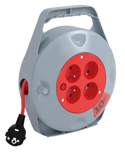 DEBFLEX - Mini-Enrouleur Electrique - Multiprise 4 Prises avec Rallonge Electrique Enroulable - Idéal Bricolage & Usage Domestique - Câble Alimentation 10 Mètres - Gris/Rouge