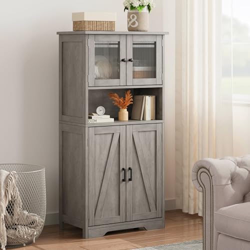 GarveeHome 54in Tall Bathroom Cabinet, Farmhouse Storage Cabinet with Glass Doors and Adjustable Shelves, Freestanding Kitchen Pantry Cabinets, Cupboard for Living Room, Dining Room, Gray