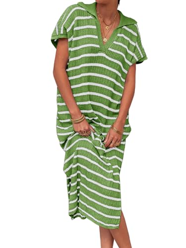 Saodimallsu Womens Striped Summer Dresses Short Sleeve V Neck Knit Collared Sexy Slit Loose Maxi Sweater Dress