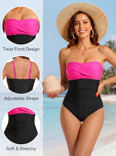 Image of Smismivo Tummy Control Swimwear Strapless One Piece Swimsuit Ruched Bathing Suits for Women Slimming Bandeau Tube Top Bikini