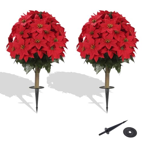 PRIMAISON Artificial Poinsettia Flower Topiary Trees, Set of 2 Faux