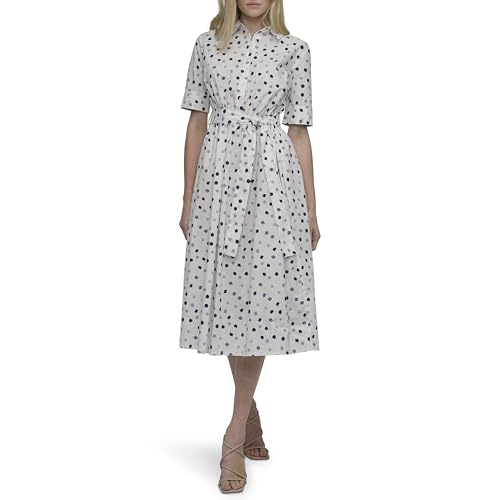 Image of DKNY Women's Short Sleeve Cotton Poplin Collared Midi Shirtdress