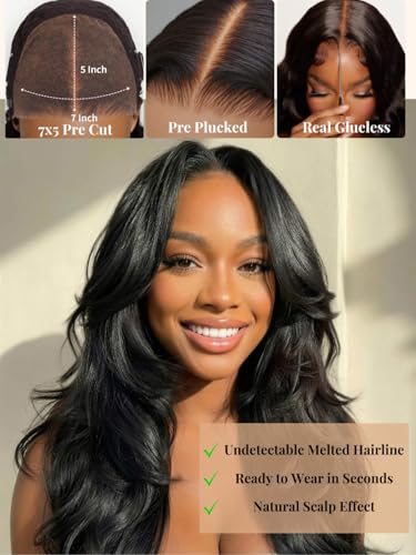 Image of Beauty Forever Bye Bye Knots 7x5 HD Lace Body Curl Wig Human Hair with Feathered Layers & Invisi Drawstring,180% Density Natural Black Blowout Wig Soft C-Shape Ends Glueless Pre-Cut Lace Wig 16inch