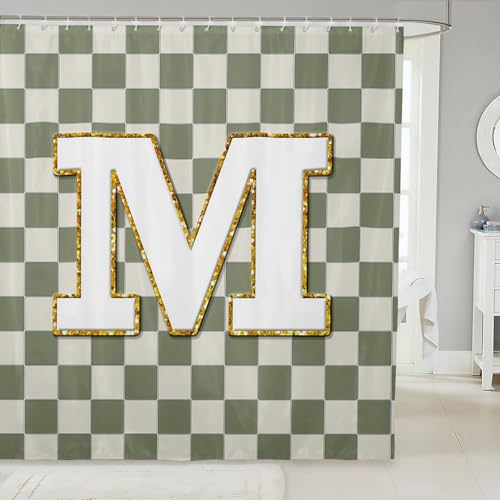 Image of Erosebridal Sage Green Checkered Bathroom Accessories Plaid Initial M Shower Curtain Personalized Monogram Bathroom Curtain for Kids Adults 72 inch Wx72 L Fashion Grids Gingham Shower Decor