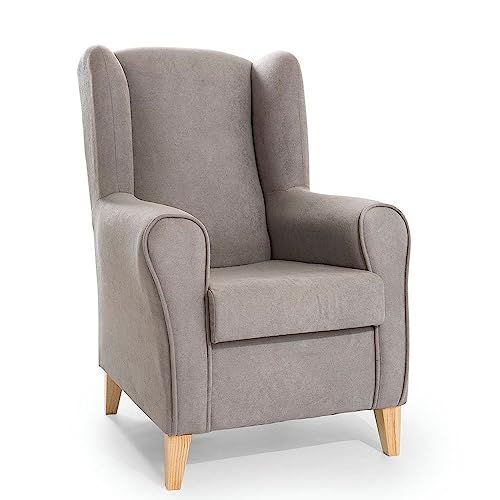 Genérico Butaca Sillón Orejero - Tapizado en Tela Antimanchas - Patas Madera Maciza Color Natural (Gris Claro)