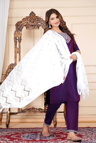 Image of Women's Silk Embroidered Kurta with Pant and Dupatta Set, Straight Style