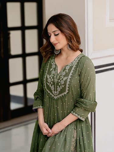 Image of Arayna Women's 100% Pure Cotton Anarkali Kurta Set with Pant & Dupatta | Embroidered Flared Kurta | Elegant Ethnic Suit