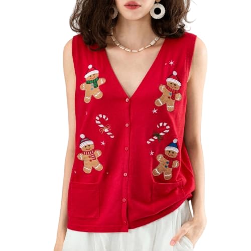 Image of KMBANGI Women Christmas Button Sweater Vest Embroidery Sleeveless Cardigan