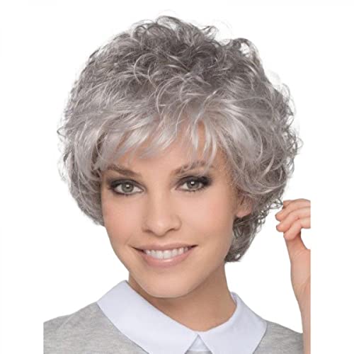 Peluca de mujer de pelo corto y rizado, pelo europeo y americano gris blanco con flequillo inclinado esponjoso, peluca para mujer, peluca de seda de alta temperatura