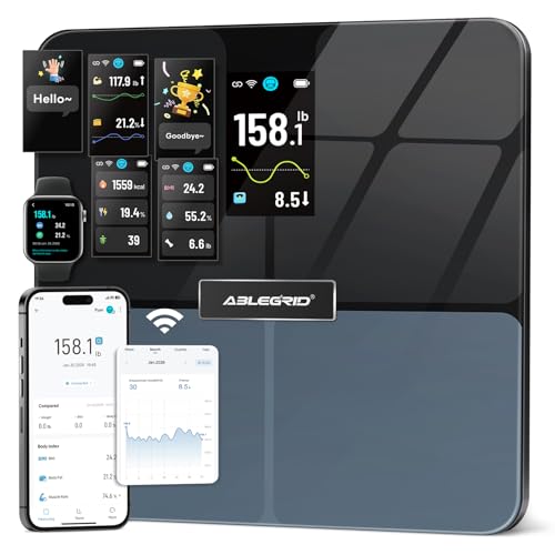 ABLEGRID Smart WiFi Digital Bathroom Scale for Body Weight, Auto-Rotating TFT Display Body Fat Scale with BMI Muscle Mass, 500lb High Capacity, 11.8" Platform, 20 Accurate Body Compositions