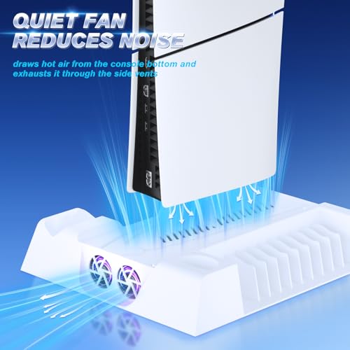 LENISUOLE PS5/Slim/Pro Stand and Cooling Station, with 3 Level Cooler Fan for PlayStation 5 Disc Digital Console, LED Dual Controller Charging Station, Headset Holder, Game Slot White — view 2