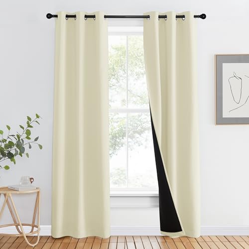 Image of NICETOWN Living Room Completely Shaded Draperies, Privacy Protection & Noise Reducing Ring Top Drapes, Black Lined Insulated Window Treatment Curtain Panels (Beige, 2 Pieces, W37 x L80)