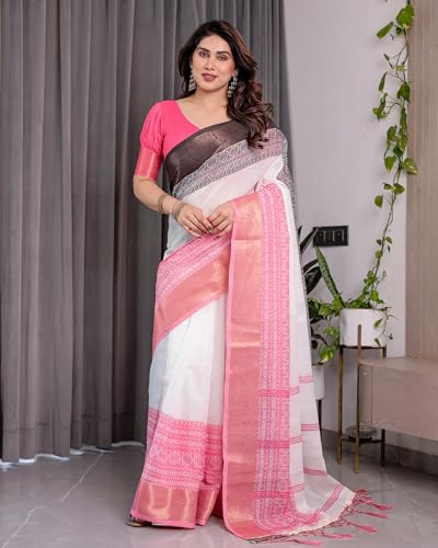 Image of ALMAARI FASHION Handloom Cotton Linen Saree for Women with Floral Printed Design and Tassel Pallu, Traditional Ethnic Lightweight Saree for Daily Office Festive with Blouse Piece