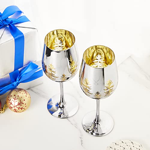 Crystal Winter Tree Wine & Water Glasses - Set Of 2 - Gold Themed Vibrant Etched Winter Snow Wonderland Frosted Glass, Perfect For Themed Parties, Gifts For Him & Her Trees Décor #TOP2