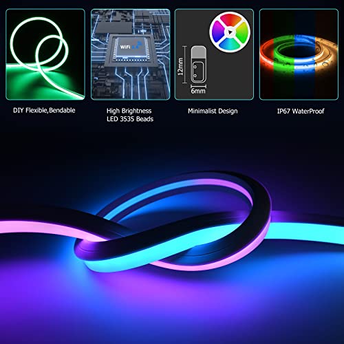 Image of 16.4ft WiFi RGB Rope Lights with Music Sync, Waterproof Flexible Dimmable Smart LED Strip Lights for Bedroom with Remote and Adapter, Compatible with Alexa, Indoor Outdoor Decor