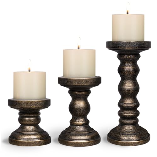 CedarLux Rustic Wood Black Gold Pillar Candle Holders Set of 3