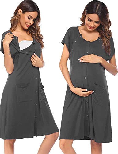 Image of Ekouaer 3 in 1 Labor/Delivery/Hospital Gown Nursing Dress Maternity Nightgown Sleepwear for Breastfeeding with Button S-XXL