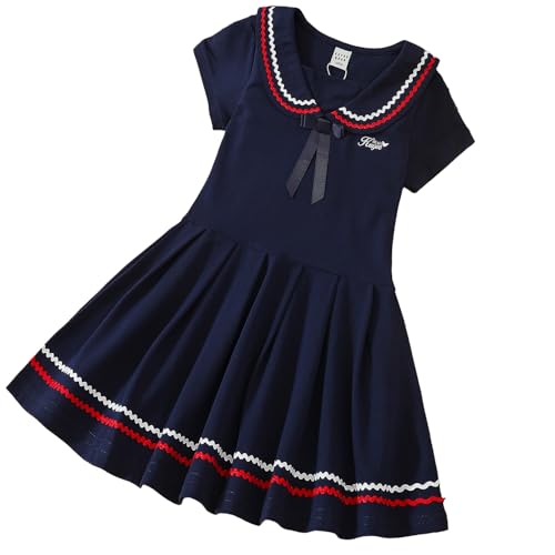 KUYEEBEAR Girls Navy Blue Sailor Collar Dress with Red and White Trim, Short Sleeve Pleated Dress, Ages 5-12 (US, Age, 6 Years, Navy Blue)